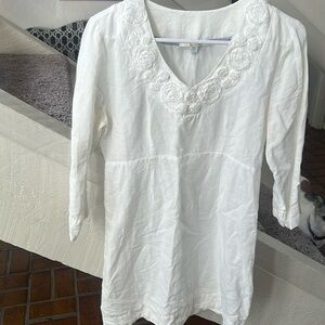 Boden summer white linen/ cotton rosette neckline dress size 4